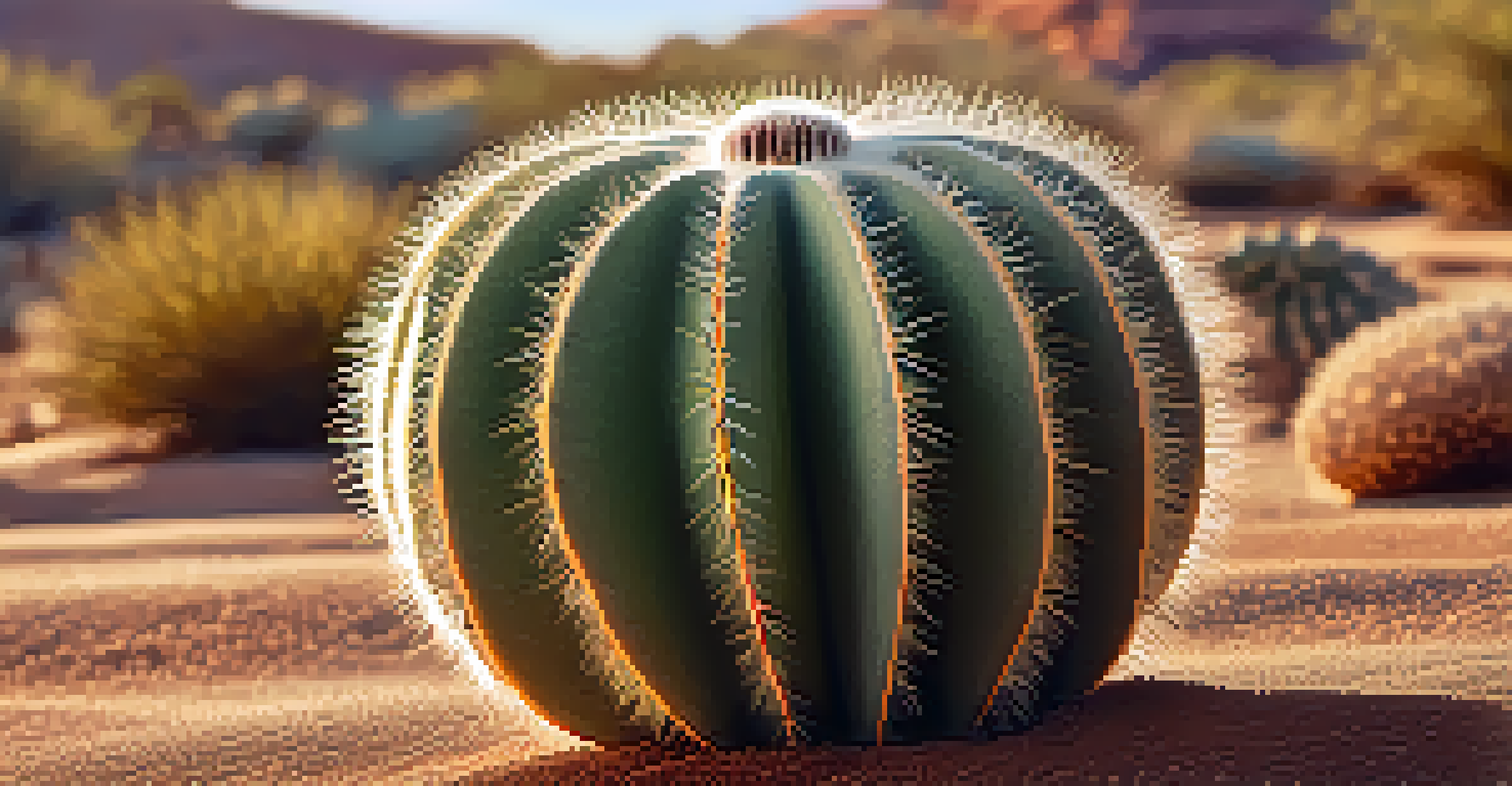 A close-up view of a peyote cactus, highlighting its texture and spines against a soft desert background.