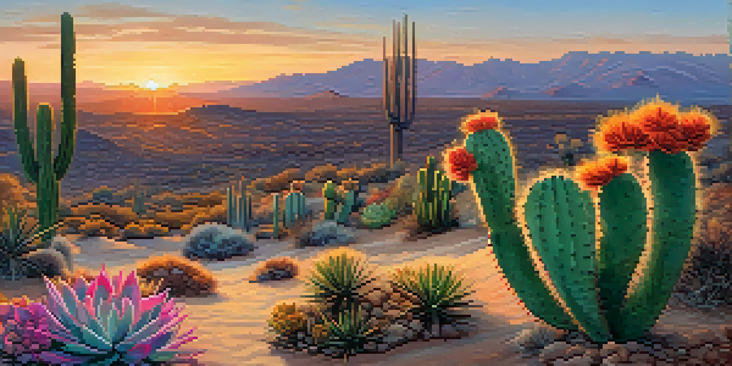 A small peyote cactus with vibrant flowers in a desert landscape at sunset, with a colorful sky and soft lighting.
