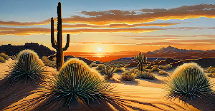A small peyote cactus in a desert landscape during sunset, with warm colors in the sky and soft sandy dunes around it.