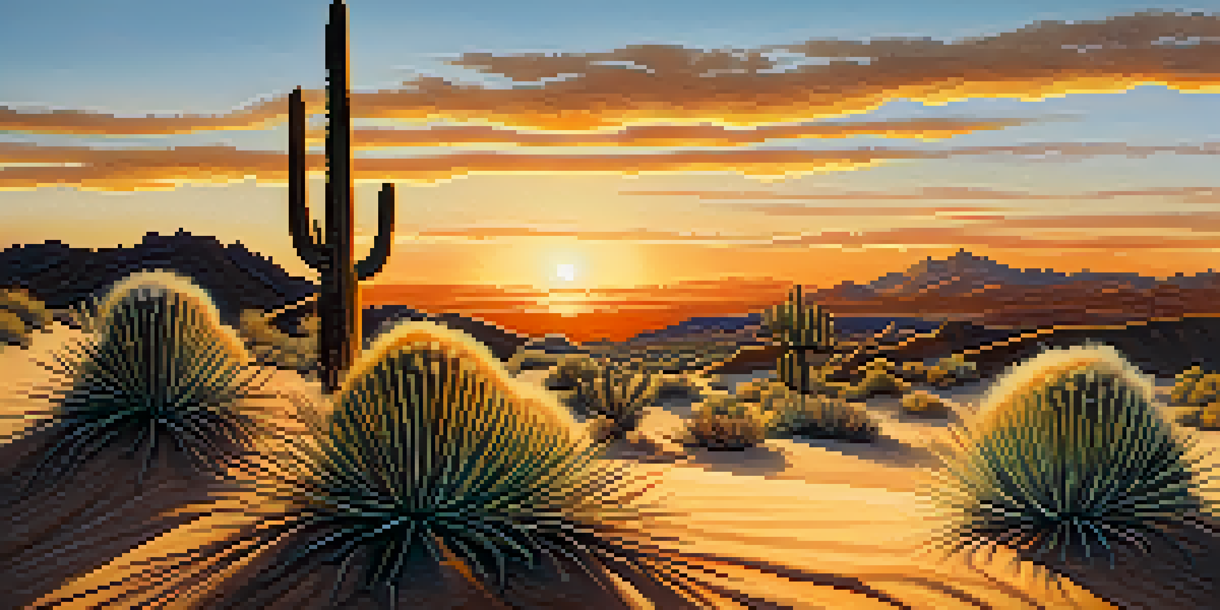 A small peyote cactus in a desert landscape during sunset, with warm colors in the sky and soft sandy dunes around it.