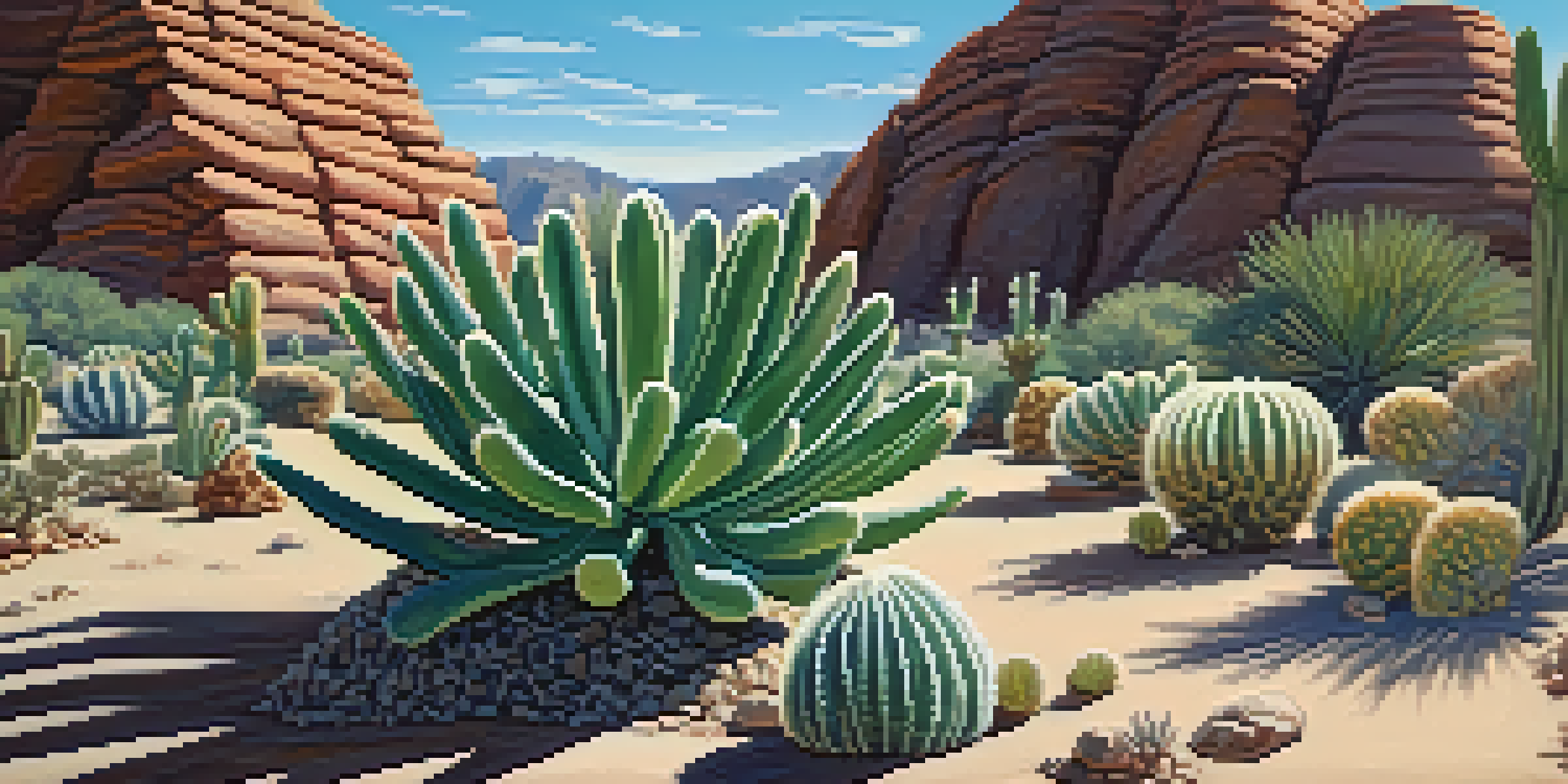 A tranquil desert scene with a blooming Peyote cactus under a clear blue sky.