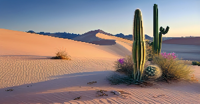 A peaceful desert scene at dawn featuring a small peyote cactus in the foreground with colorful wildflowers and soft morning light illuminating the landscape.