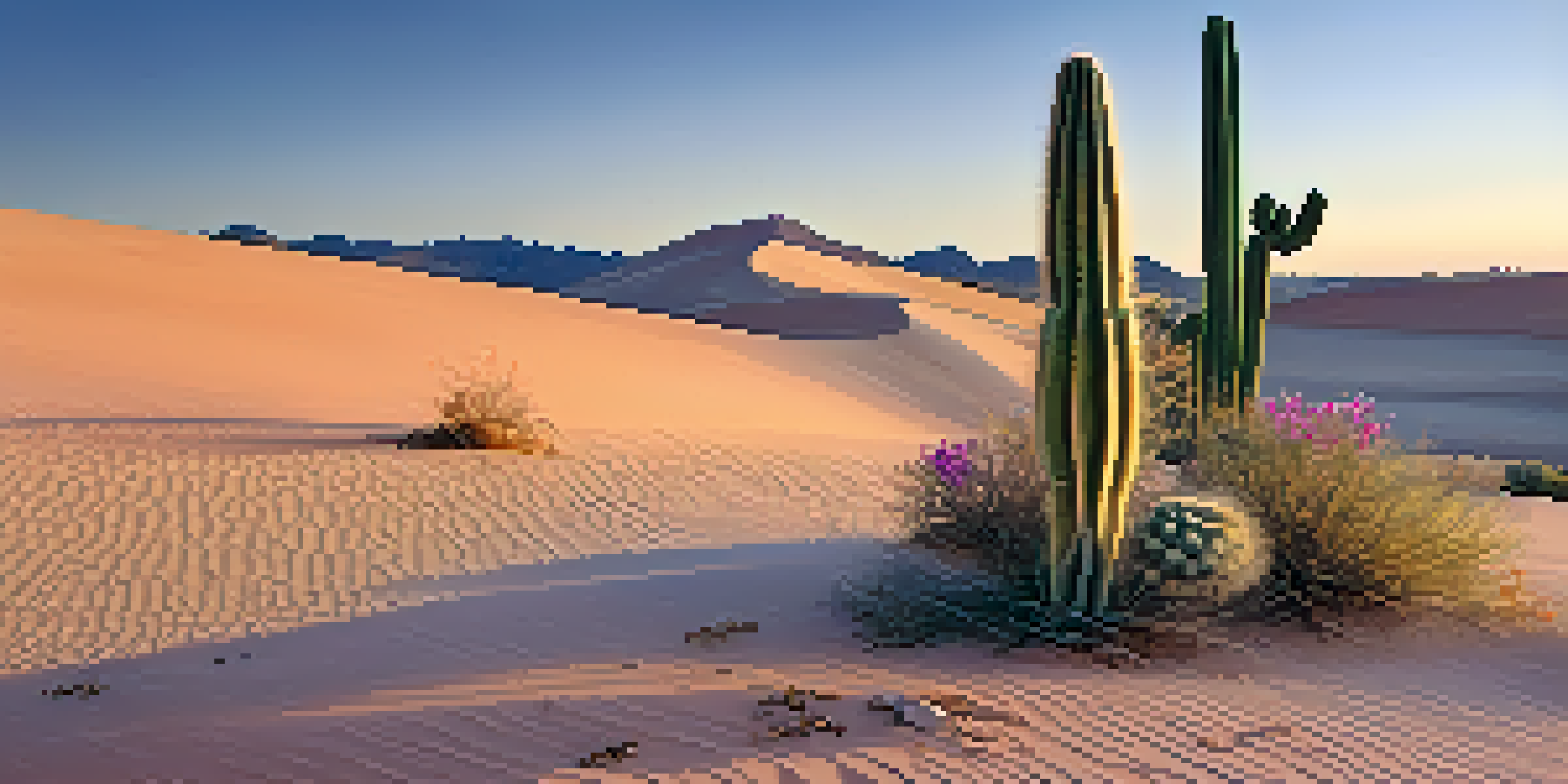A peaceful desert scene at dawn featuring a small peyote cactus in the foreground with colorful wildflowers and soft morning light illuminating the landscape.
