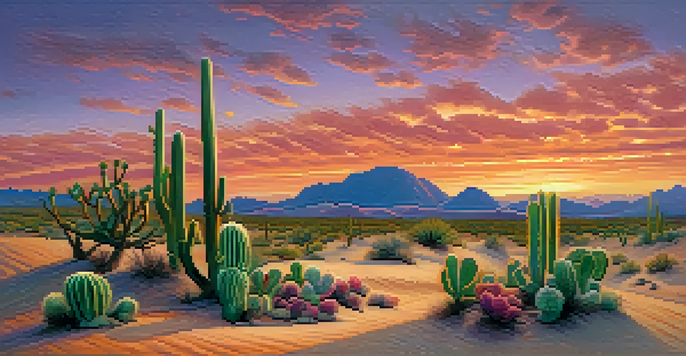 A peaceful desert scene with green Peyote cacti under a colorful sunset sky.