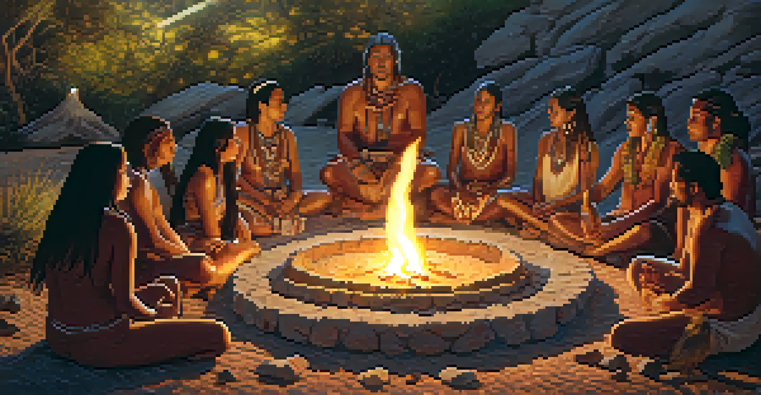 A circle of Indigenous people engaged in a peyote ritual around a sacred fire, surrounded by nature.
