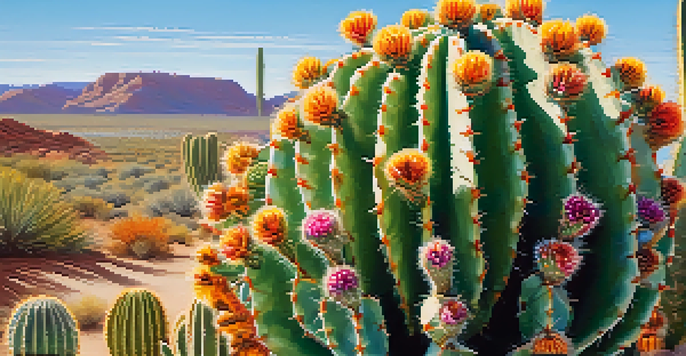 A close-up view of a Peyote cactus with colorful flowers and intricate spines against a blurred desert background.
