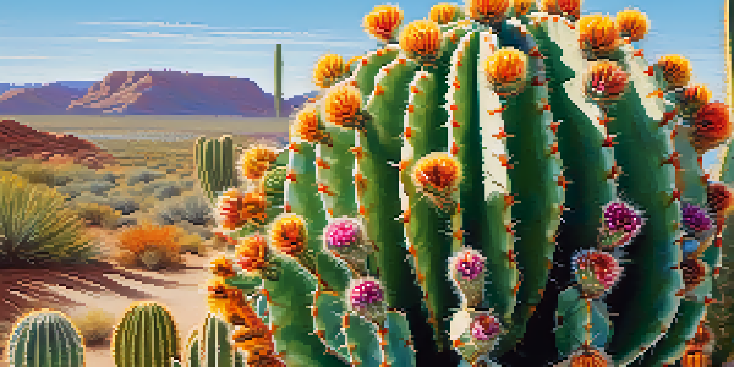 A close-up view of a Peyote cactus with colorful flowers and intricate spines against a blurred desert background.