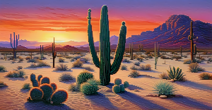 A peyote cactus in a peaceful desert landscape at sunset, showcasing warm colors in the sky and intricate details of the cactus and sand.