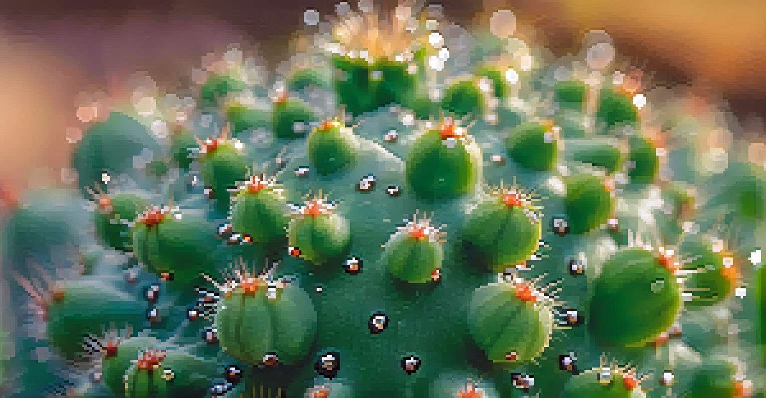 A close-up view of a Peyote cactus with dew droplets and a blurred desert background.