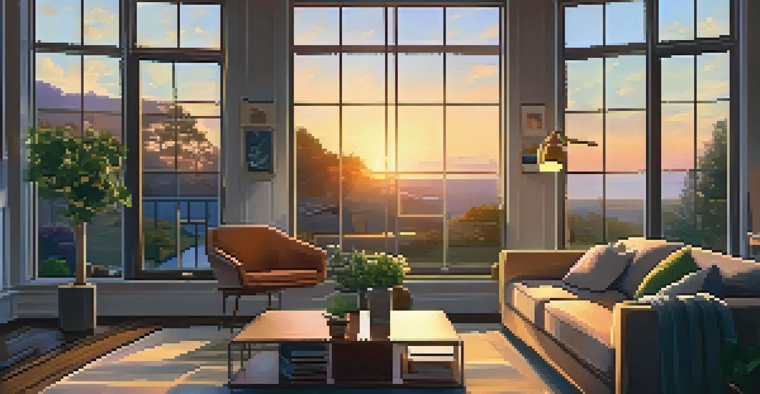 A person journaling in a cozy living room with a sunset visible through the window.