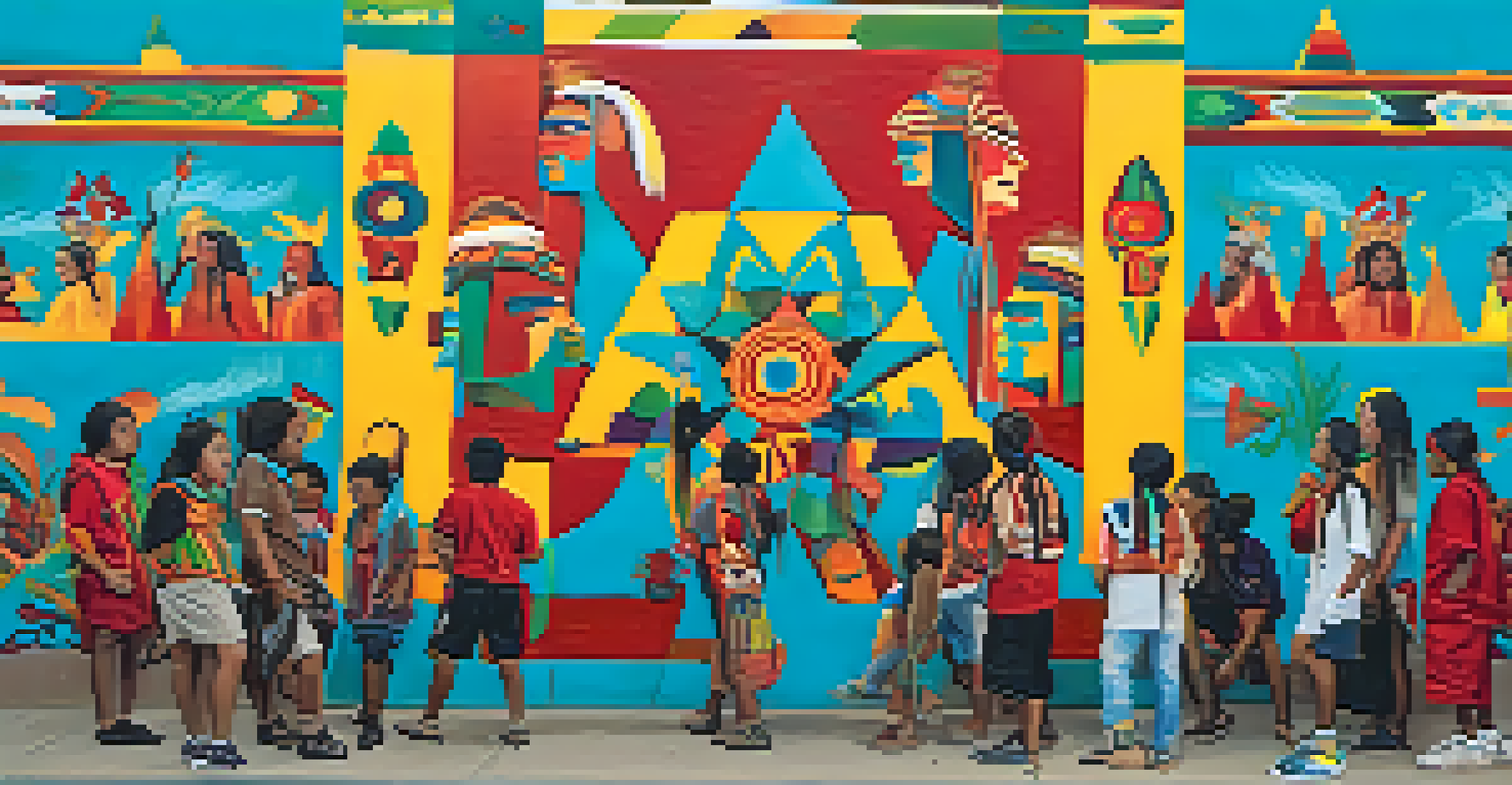 Indigenous youth painting vibrant murals that depict peyote and traditional symbols, showcasing their cultural identity.