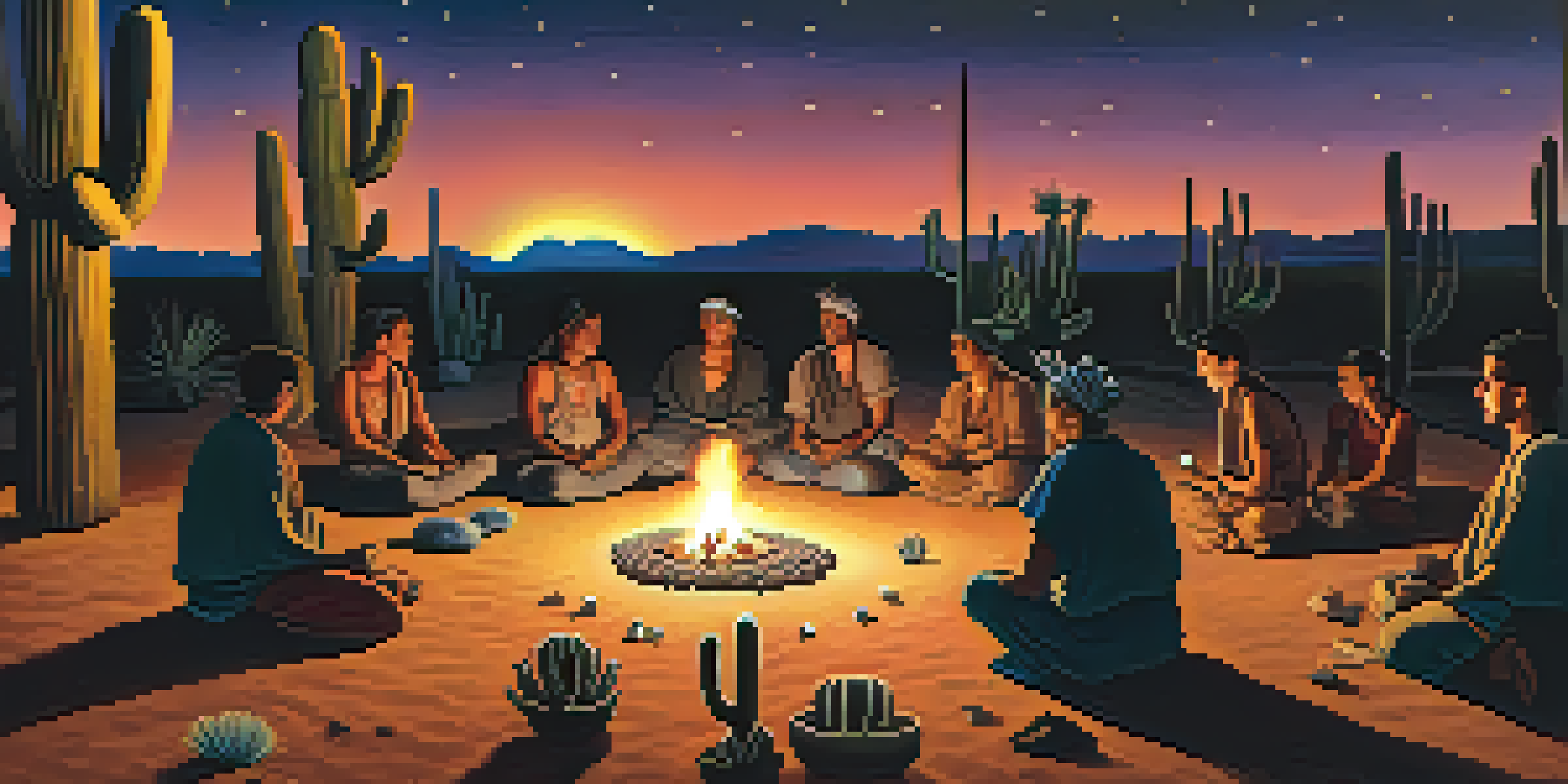 A group of people participating in a peyote ceremony at night near a fire, with a starry sky and cacti in the background.
