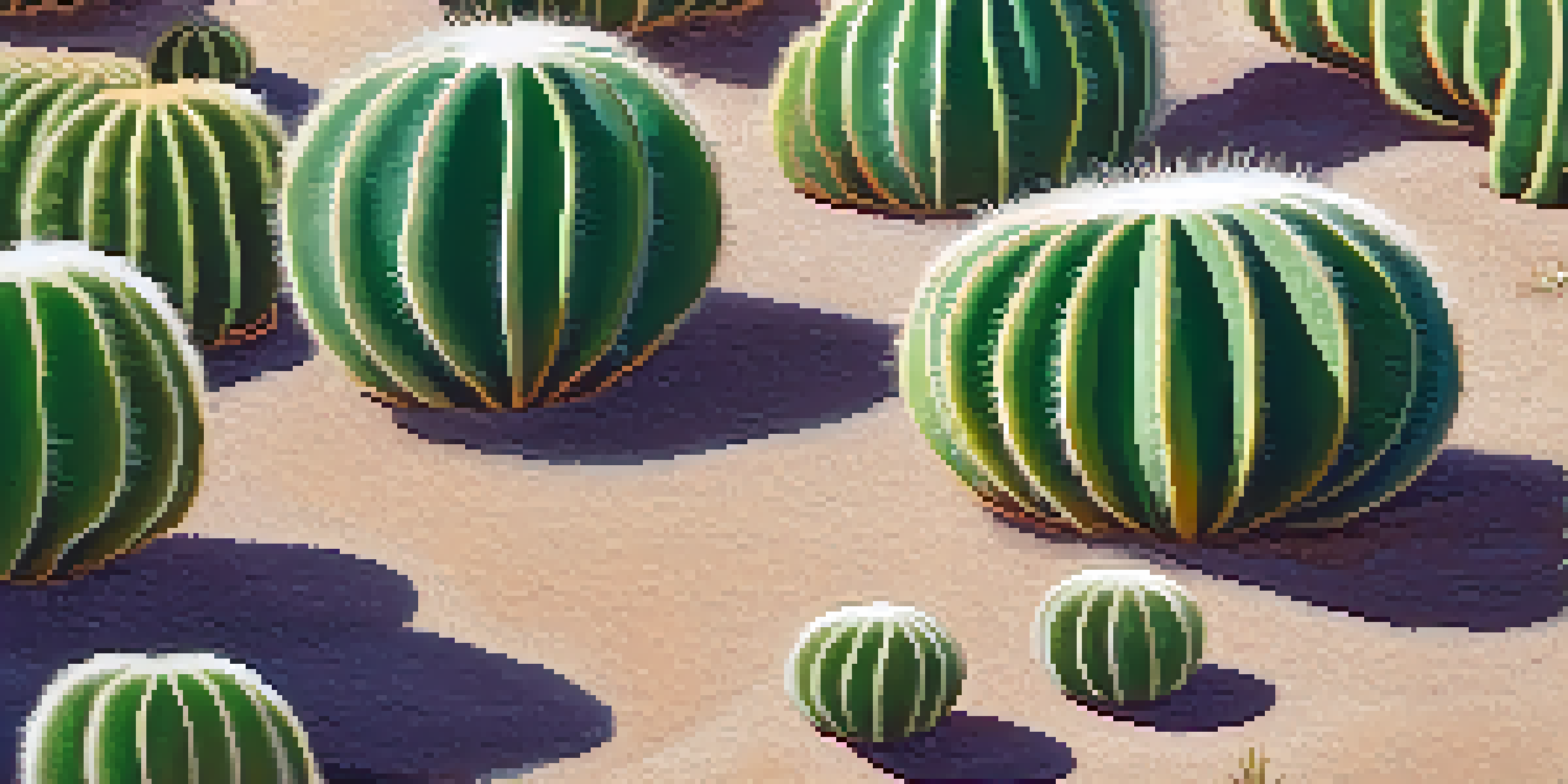 A close-up of a peyote cactus set in rocky, sandy soil, with bright indirect sunlight filtering through the shade of larger plants.