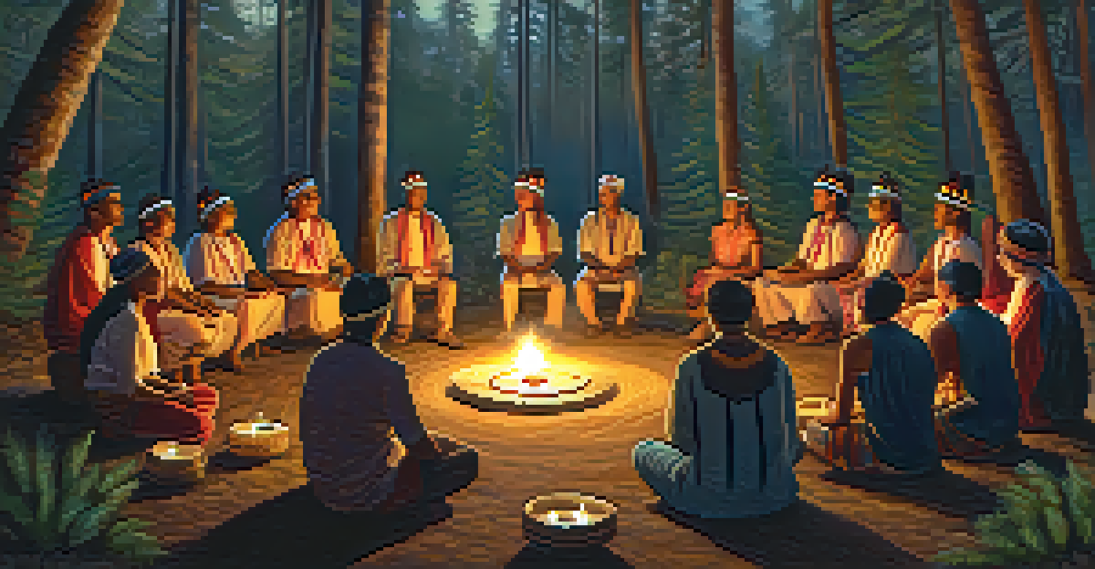 A group of Indigenous people participating in a ceremonial gathering in a forest.