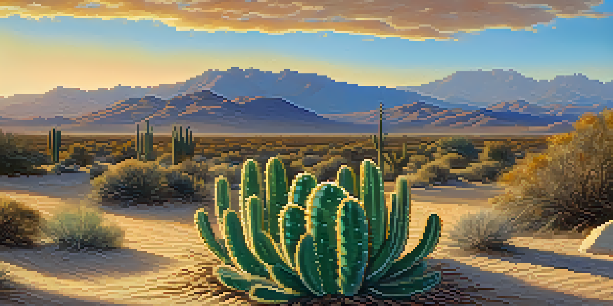 A small peyote cactus surrounded by desert plants at sunset, with mountains in the background.