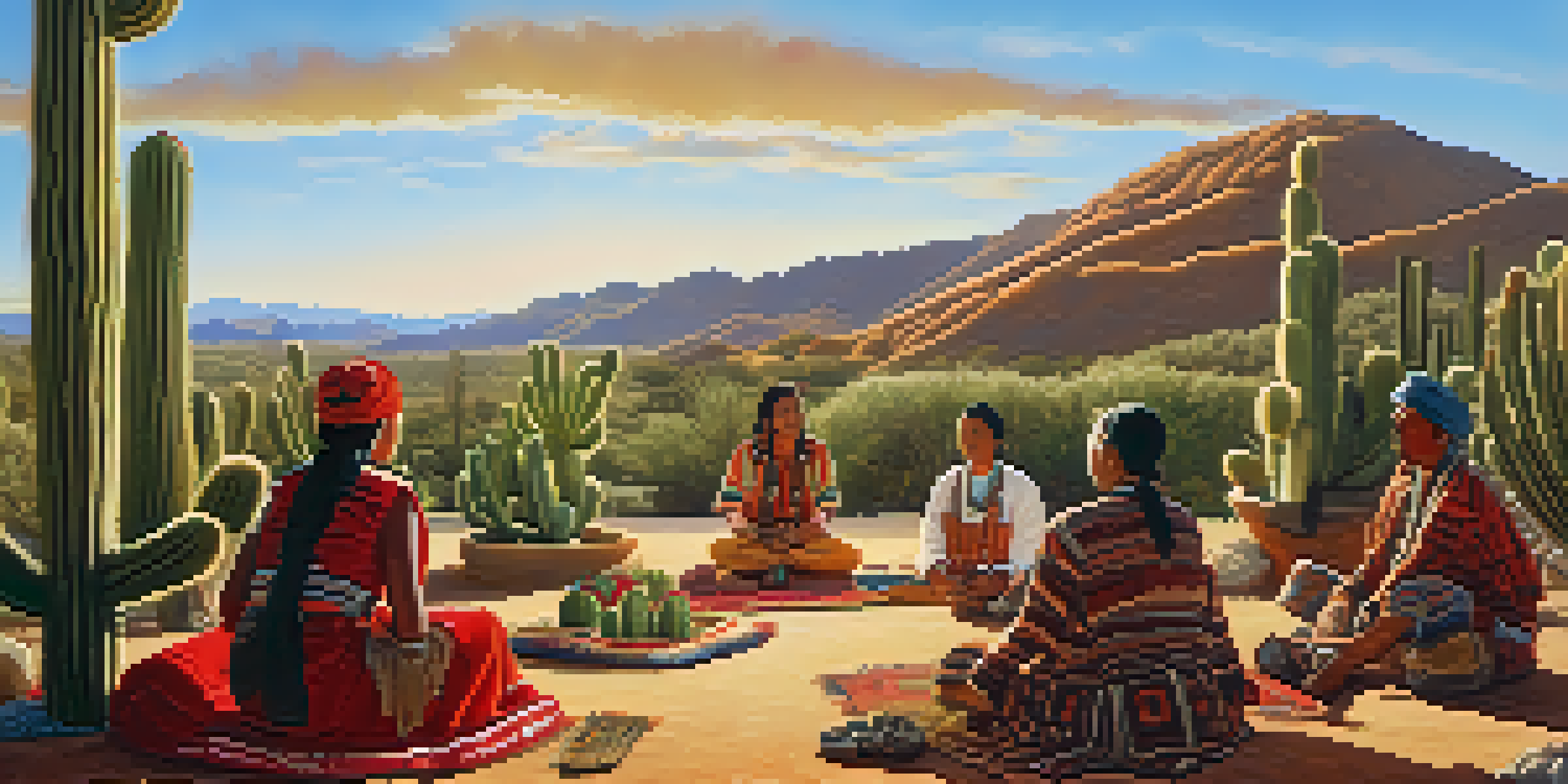 An Indigenous gathering around a peyote cactus, with warm sunlight and traditional clothing.