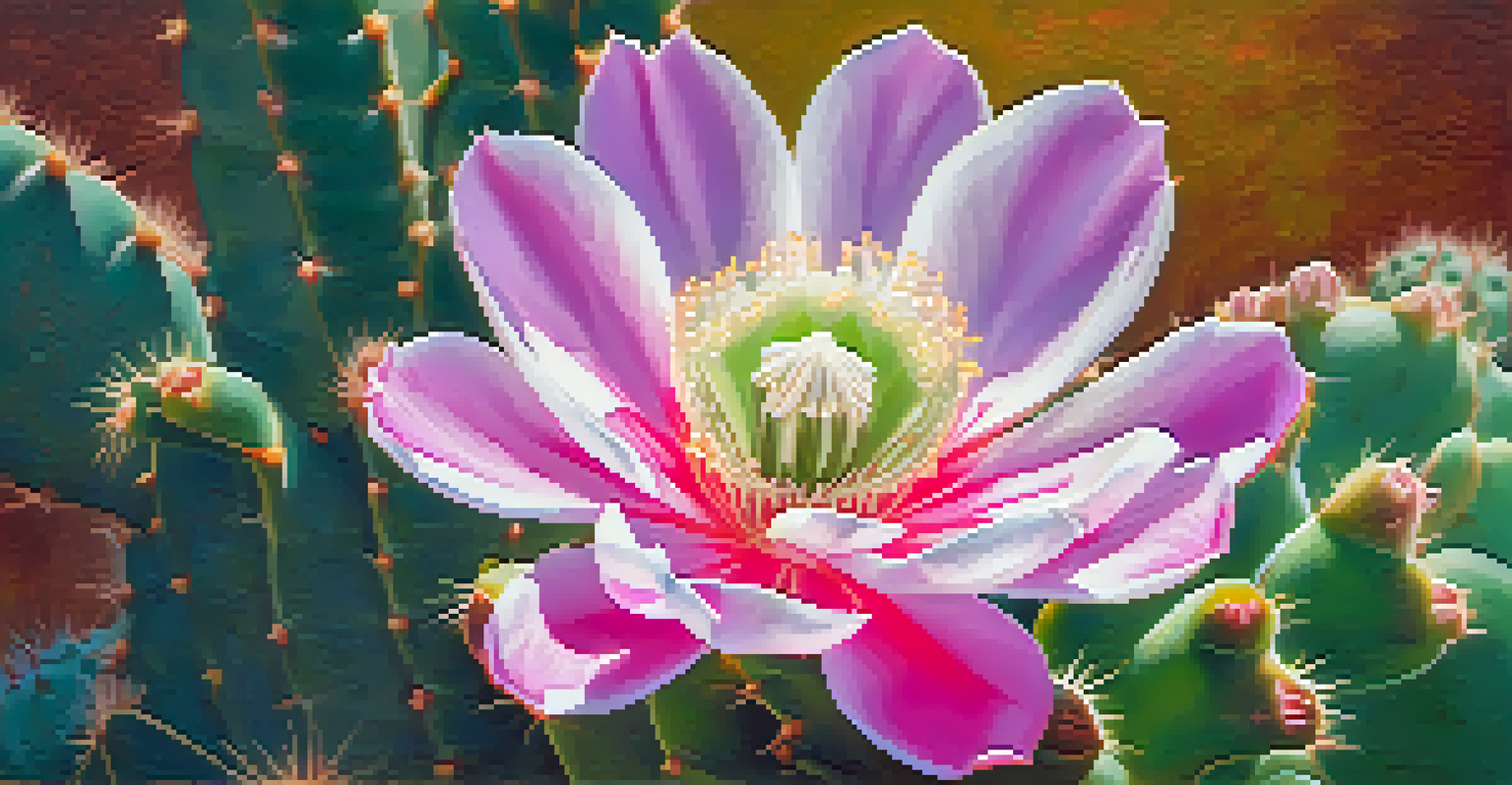 A close-up of a blooming peyote cactus flower with vibrant pink and white petals, set against a blurred desert background.