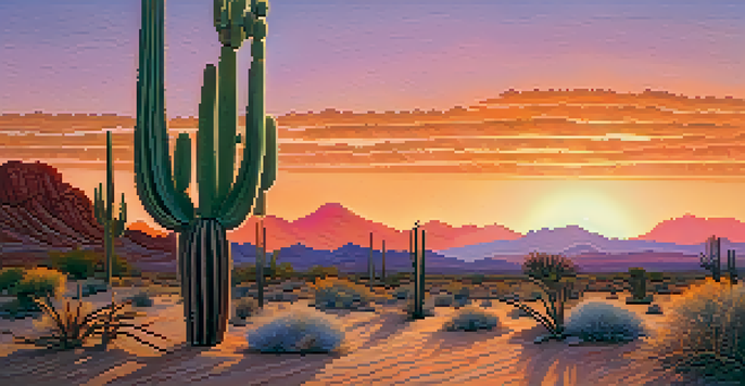 A tranquil desert scene during sunset with a small peyote cactus in the foreground and colorful sky.