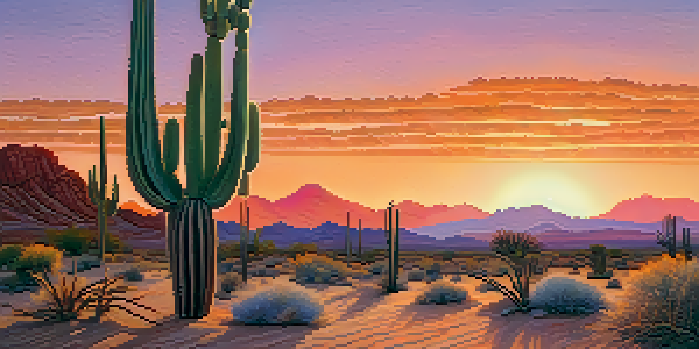 A tranquil desert scene during sunset with a small peyote cactus in the foreground and colorful sky.