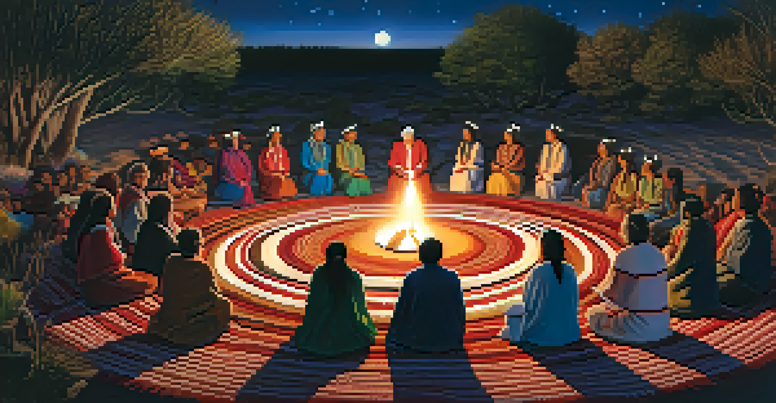 Participants in a traditional ceremony seated in a circle, guided by an elder under a starlit sky.