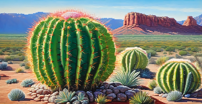 Close-up of a peyote cactus with vibrant green skin and small flowers in a natural desert landscape under sunlight.
