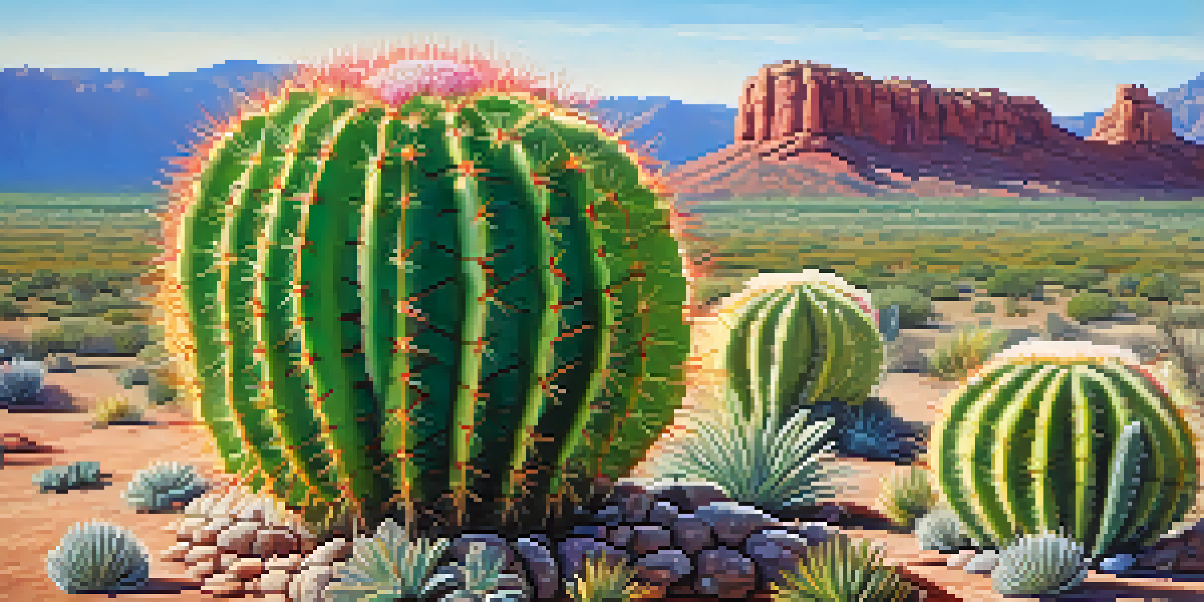 Close-up of a peyote cactus with vibrant green skin and small flowers in a natural desert landscape under sunlight.