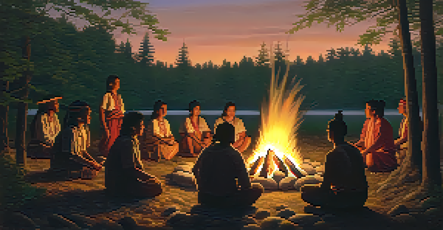 Indigenous peoples gathered around a ceremonial fire in a forest setting.