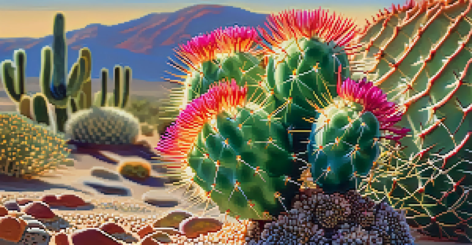 Close-up of a peyote cactus showcasing its texture, colors, and flowers in a sunlit desert environment.