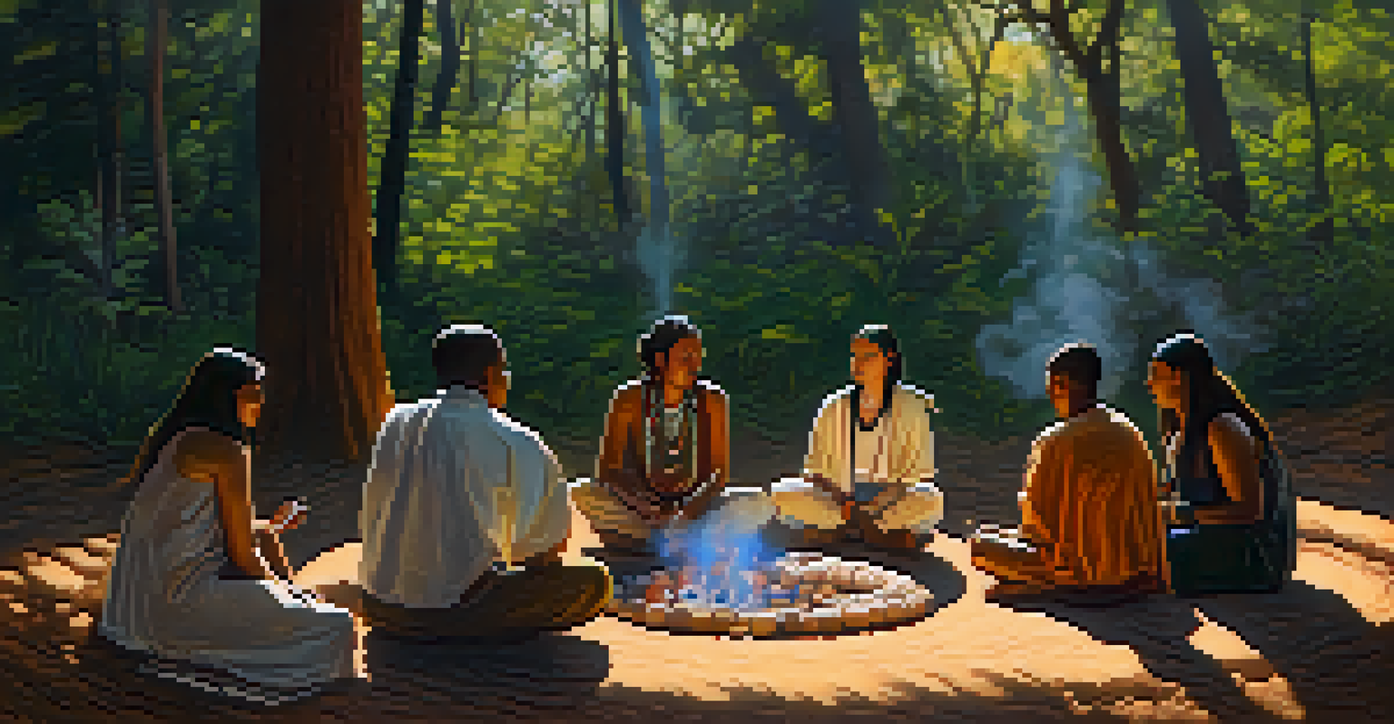 A group of people in a circle around a small fire during a peyote ceremony, surrounded by nature and soft, dappled light.