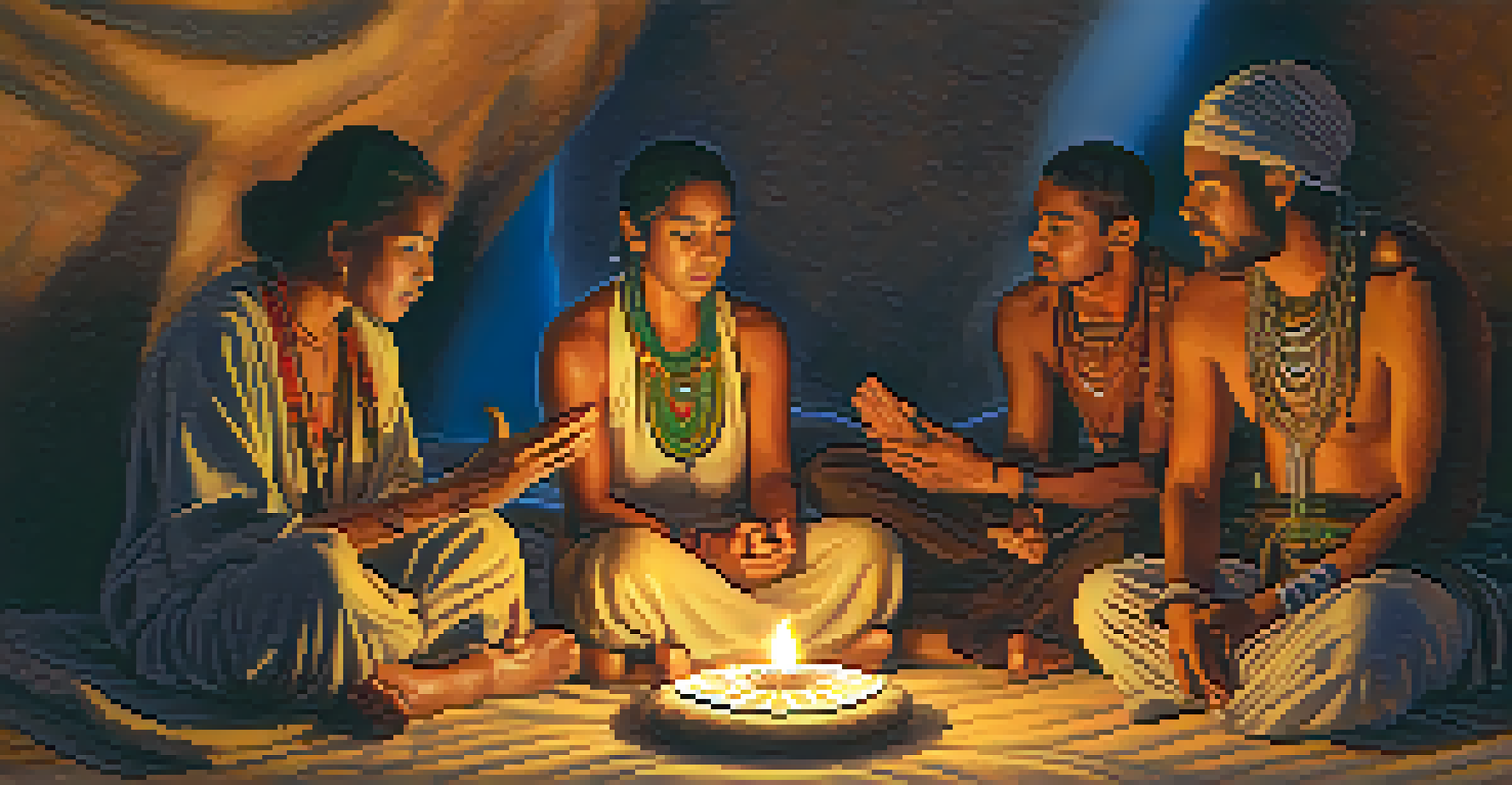 Participants sharing stories during a peyote ceremony in a candlelit room, with visible expressions of vulnerability and connection.