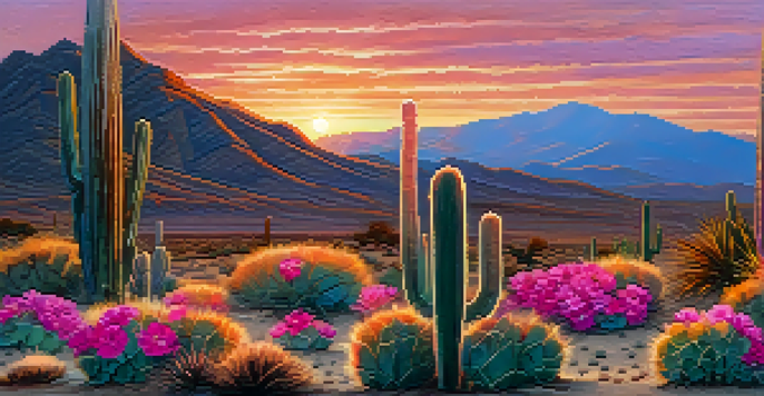 A desert landscape at sunset with peyote cacti and colorful sky.