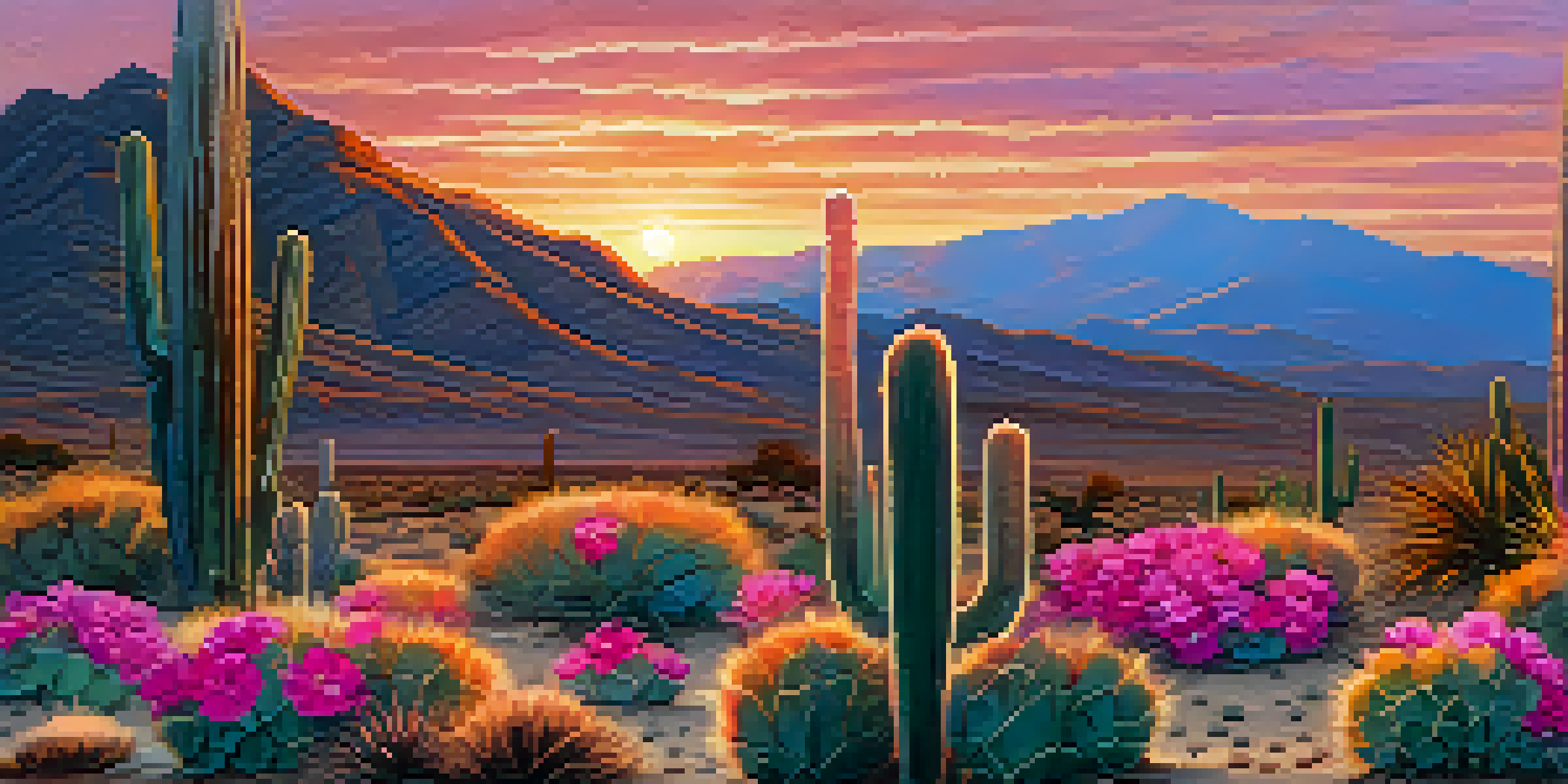 A desert landscape at sunset with peyote cacti and colorful sky.