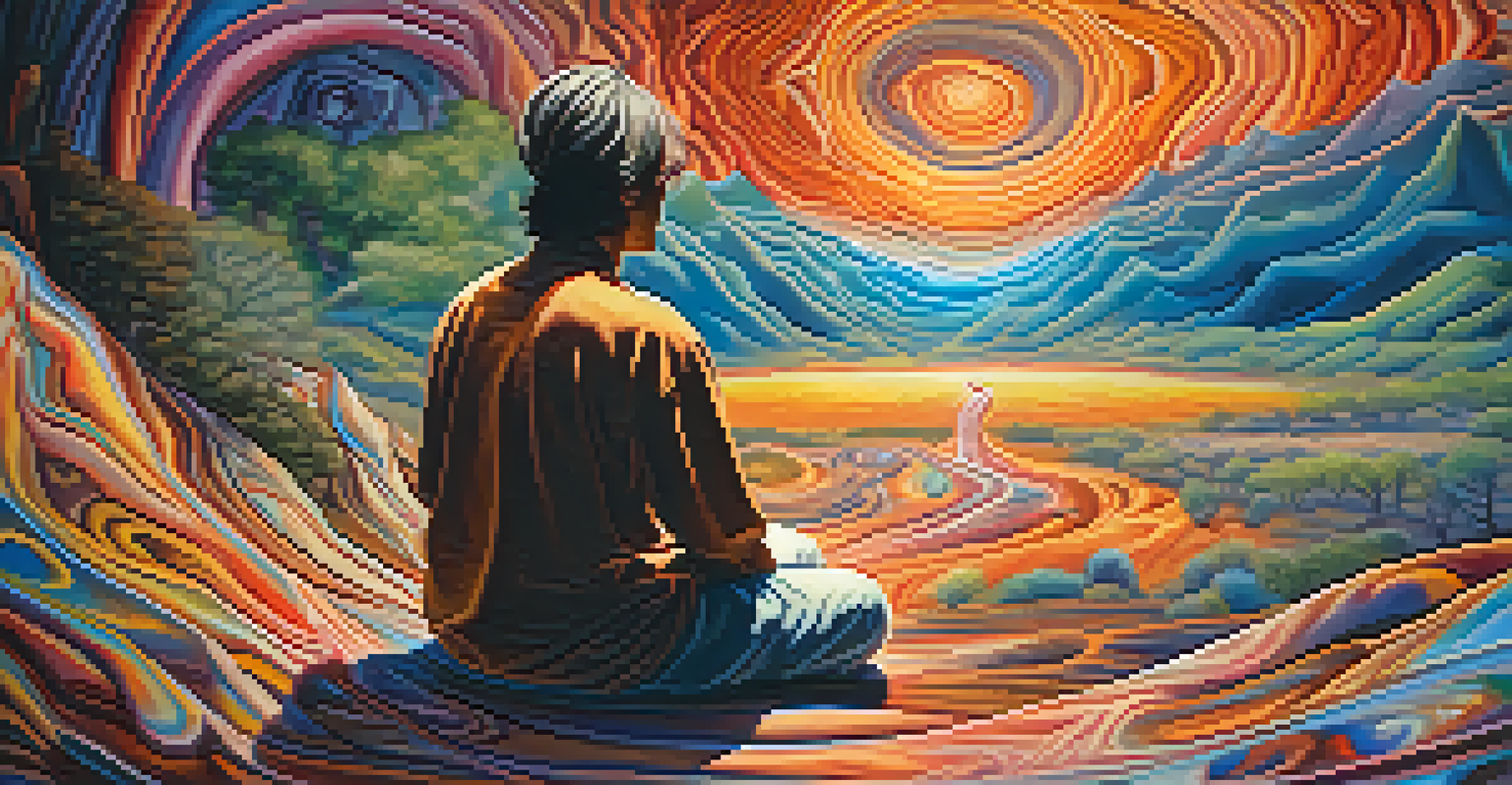 A person in nature undergoing introspection during a peyote journey, surrounded by swirling colors.