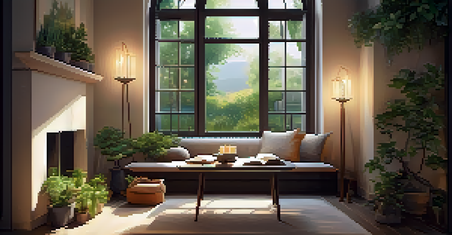 A cozy indoor space for reflection with cushions, soft lighting, a journal, and a lit candle, creating a warm atmosphere, with nature art on the walls.