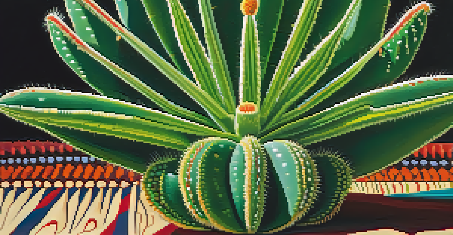 A close-up of a peyote cactus showcasing its spines and vibrant color, with traditional patterns in the background.