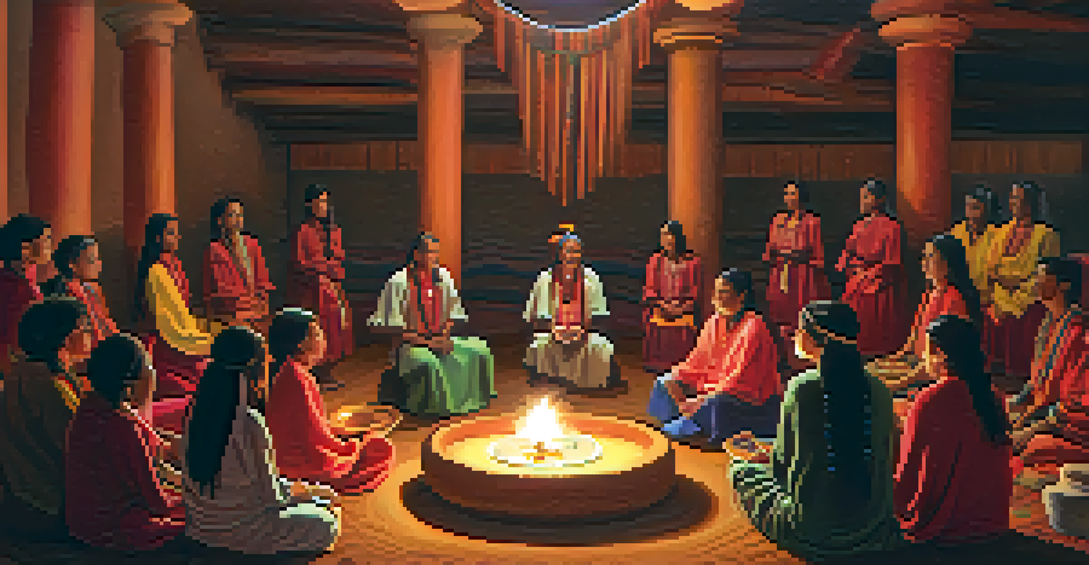 A group of participants in a circle during a peyote ceremony, surrounded by candles and traditional items in a warm, inviting atmosphere.