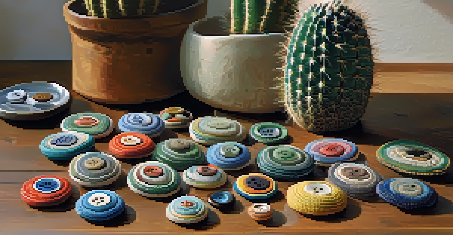 A close-up of various peyote buttons on a rustic wooden table, illuminated by soft natural light, showcasing their unique textures.