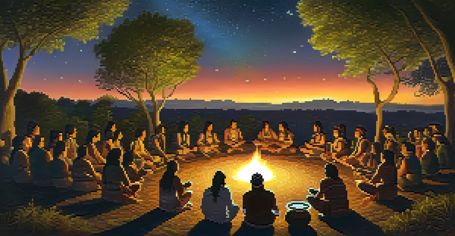 Participants in a peyote ceremony seated around a fire, with a musician playing a drum and a starry night sky above.