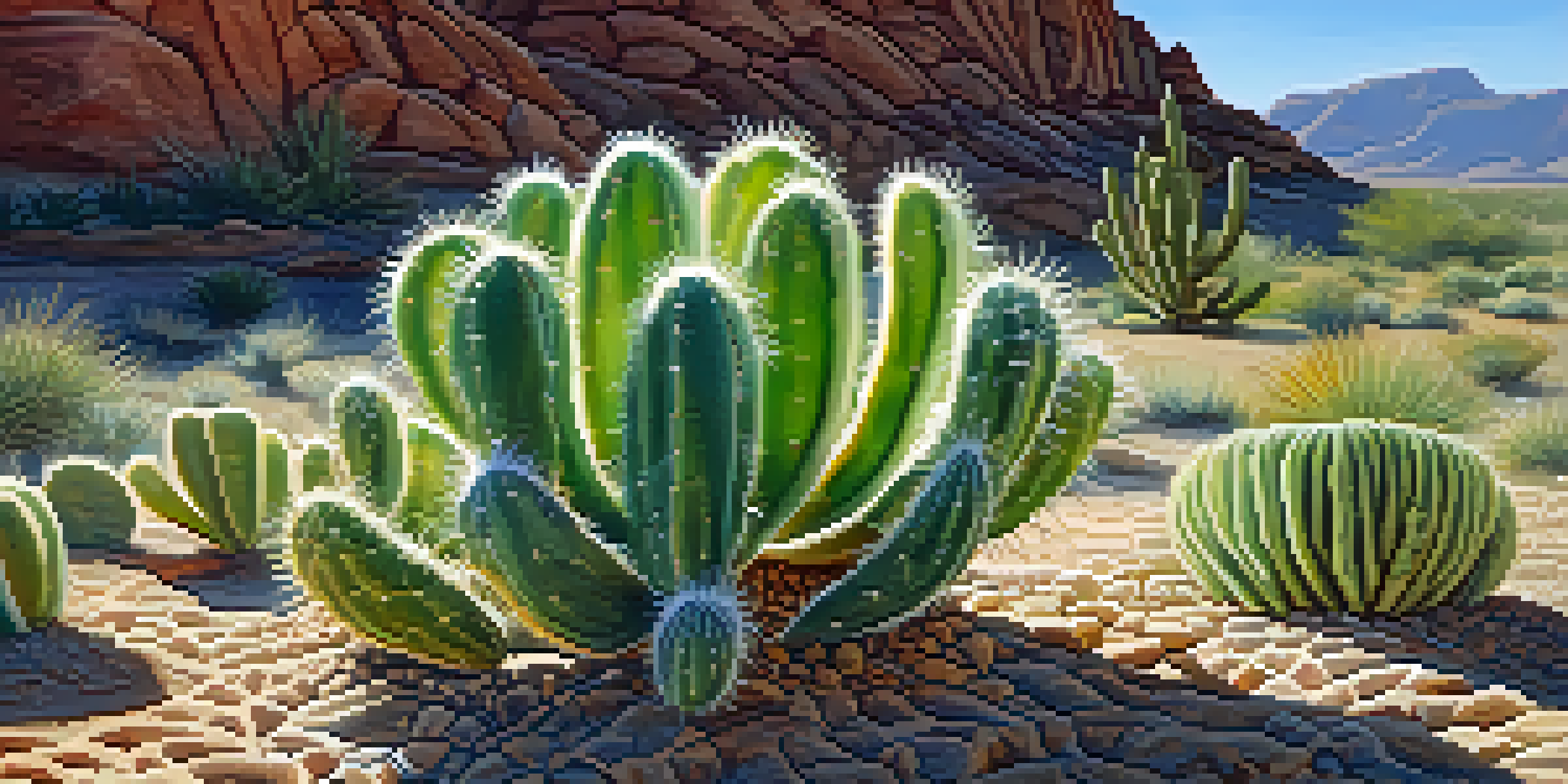A detailed close-up of a Peyote cactus with vibrant green color and textured spines, set against a blurred desert background with soft sunlight.