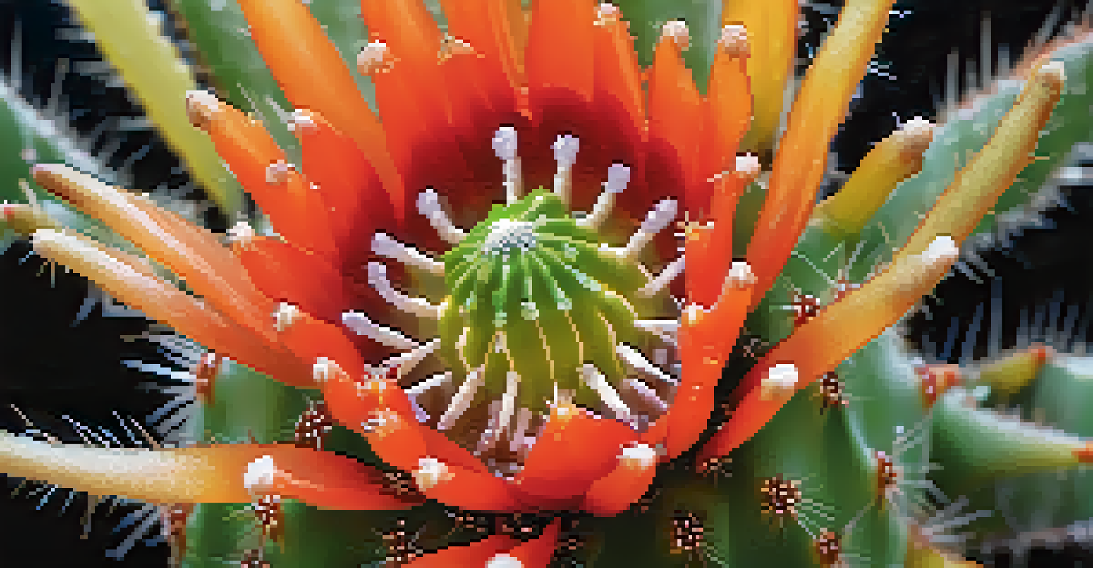 Close-up of a peyote cactus with dew glistening on its spines, showcasing its texture.