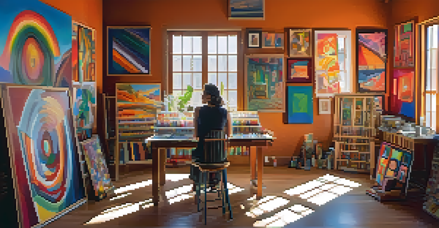An artist's studio showcasing colorful abstract paintings with a painter working at an easel in a well-lit space.
