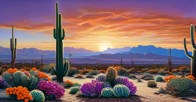 A desert landscape during sunset with peyote cacti in the foreground, colorful sky, and textured rocky ground.