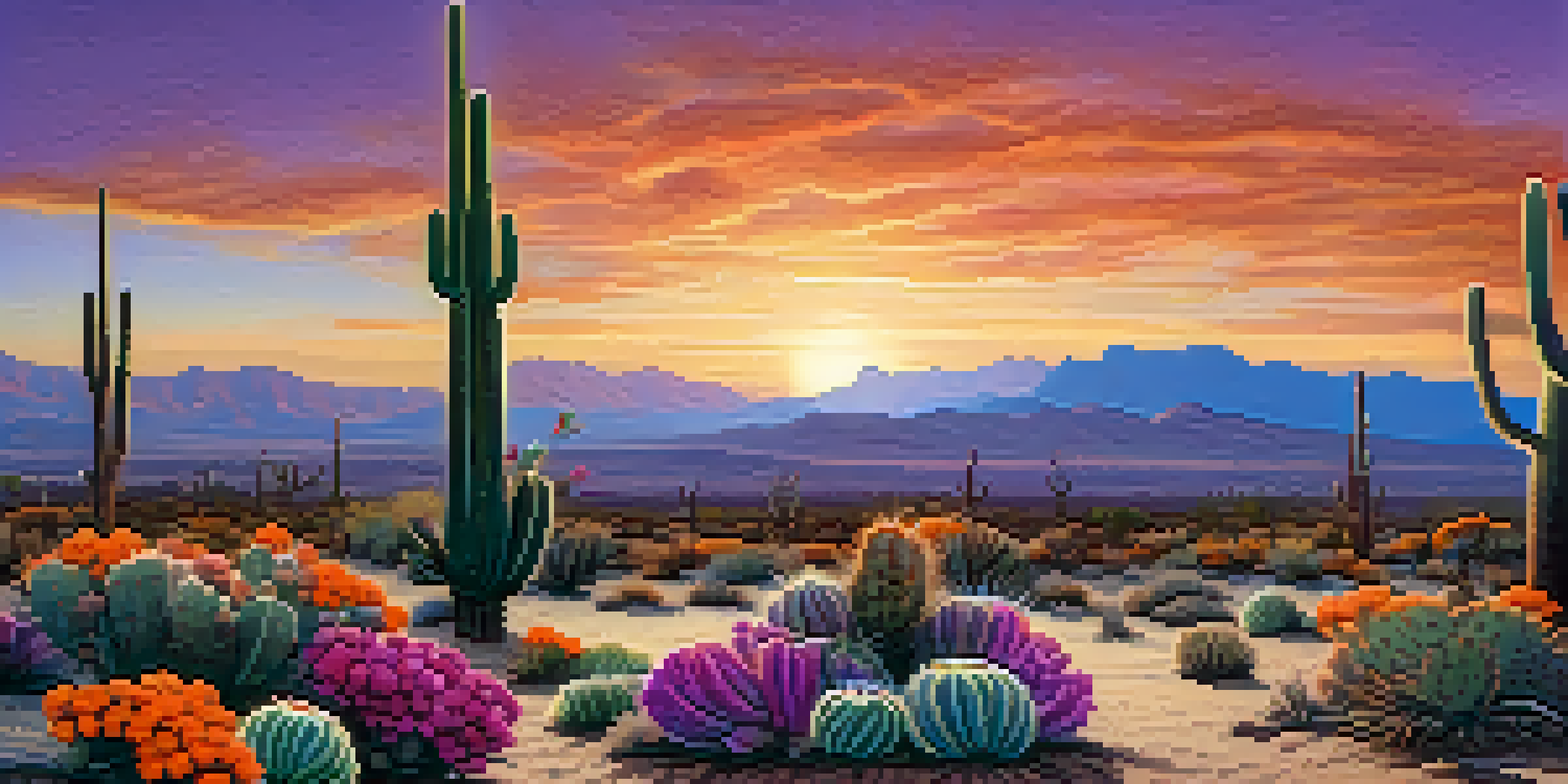 A desert landscape during sunset with peyote cacti in the foreground, colorful sky, and textured rocky ground.