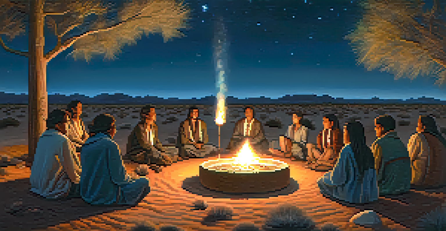 A peyote ceremony under a starry sky with participants gathered around a small fire, creating a warm and communal atmosphere.