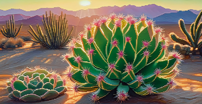 A close-up view of a peyote cactus with spines and vibrant green color against a sunset background.