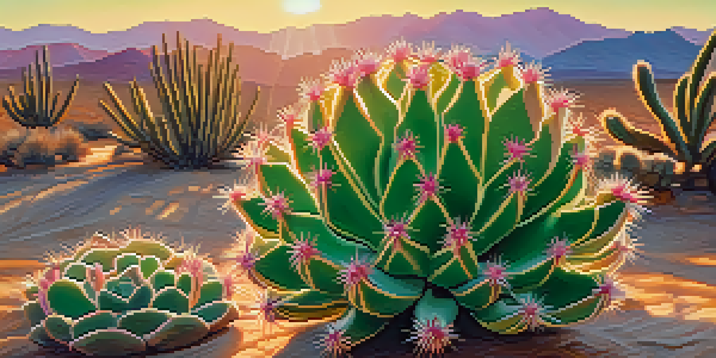 A close-up view of a peyote cactus with spines and vibrant green color against a sunset background.