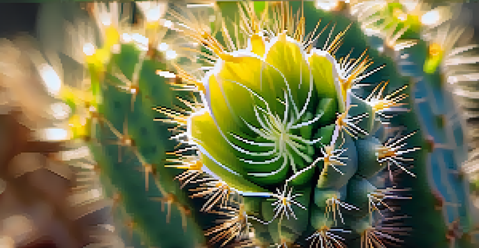 A close-up view of a peyote cactus with spines and blooming flowers, illuminated by warm sunlight.