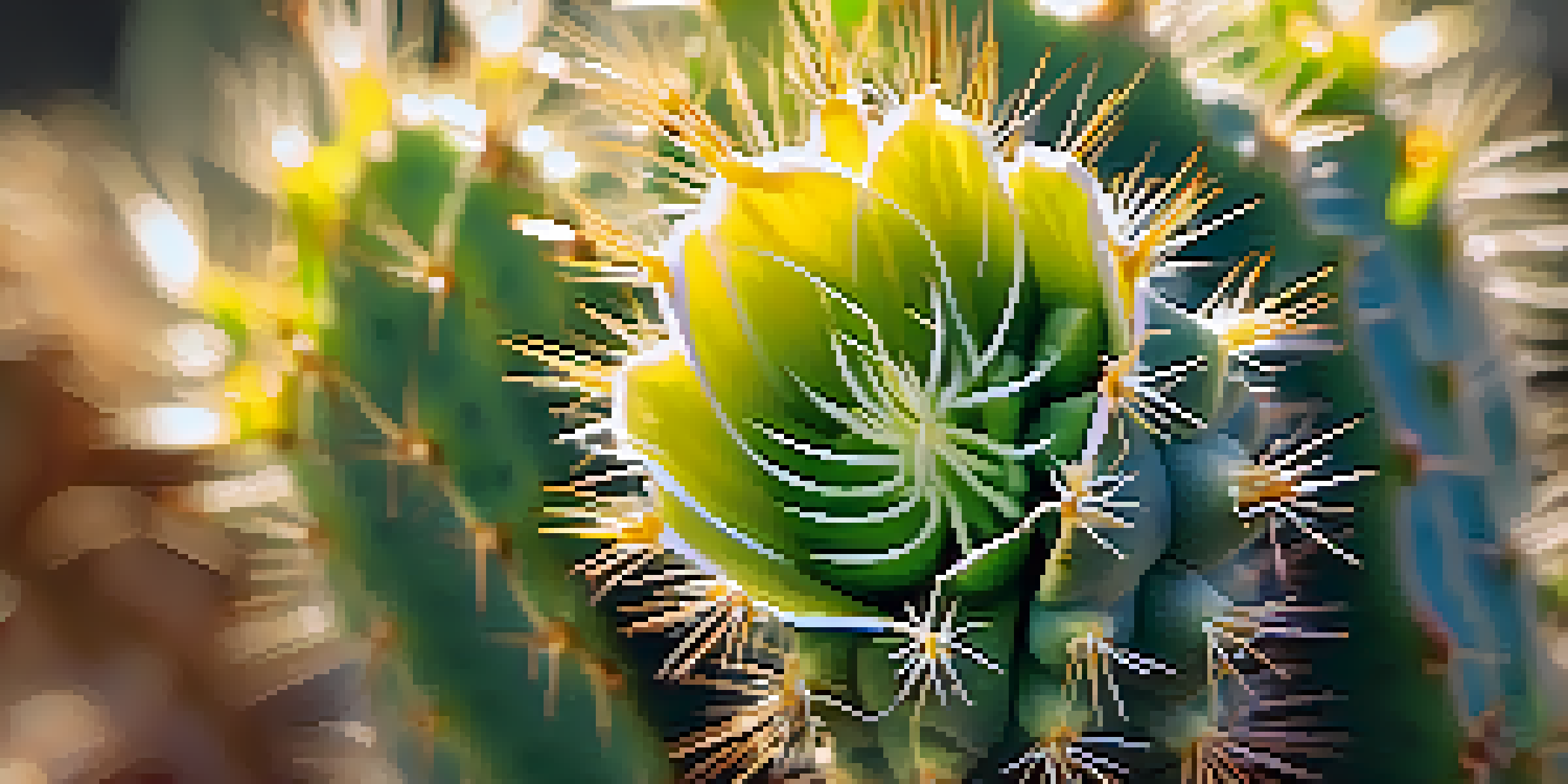 A close-up view of a peyote cactus with spines and blooming flowers, illuminated by warm sunlight.