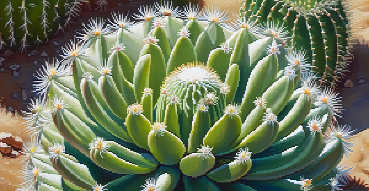A detailed close-up of a peyote cactus, showcasing its textures, colors, and blooming flowers.