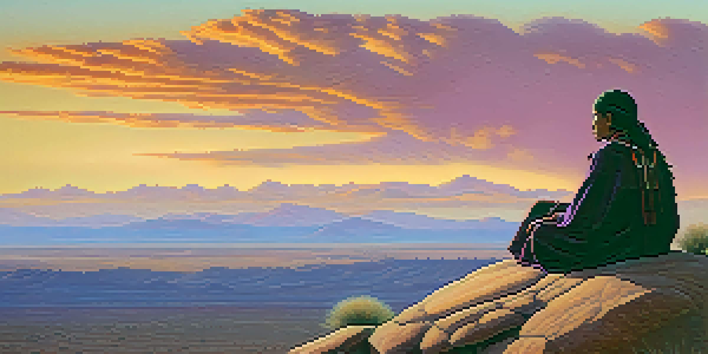A peaceful desert landscape with a person in traditional clothing sitting on a rock, watching a colorful sunset.
